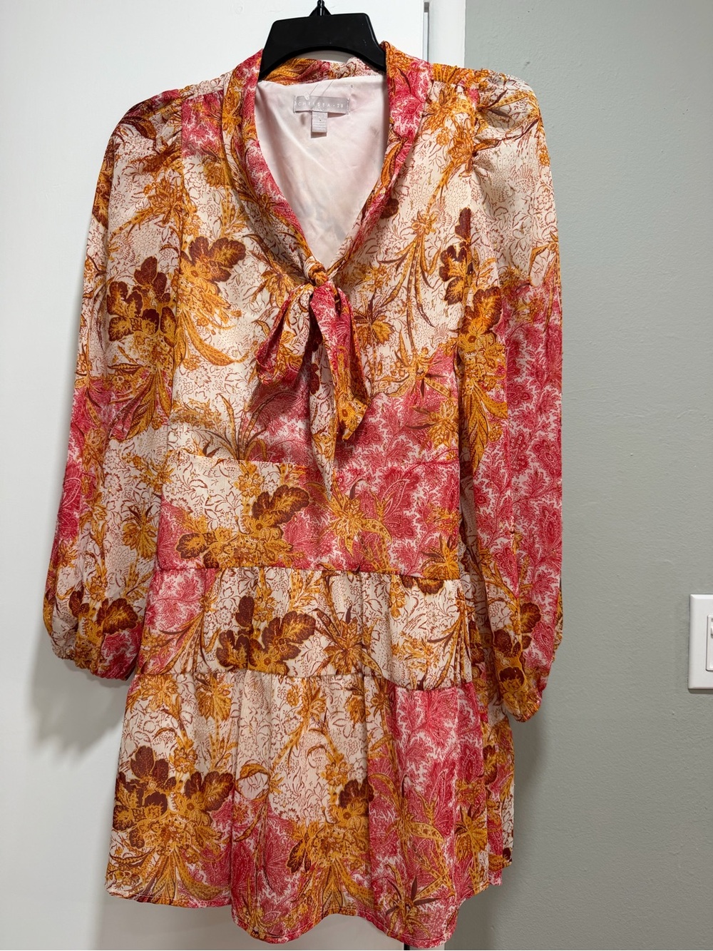 Chelsea28 Pink, Metallic Tie Neck Long Sleeve Tiered Dress
